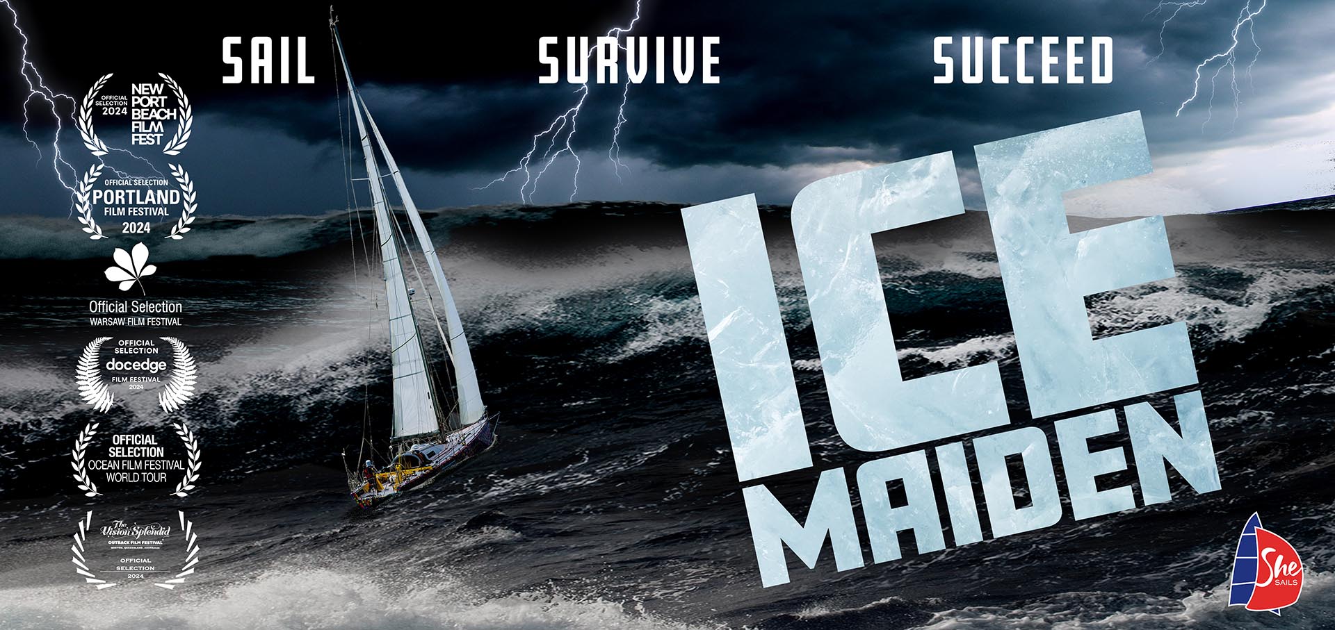 Ice Maiden Banner, a boat in a storm, lightning crashes.