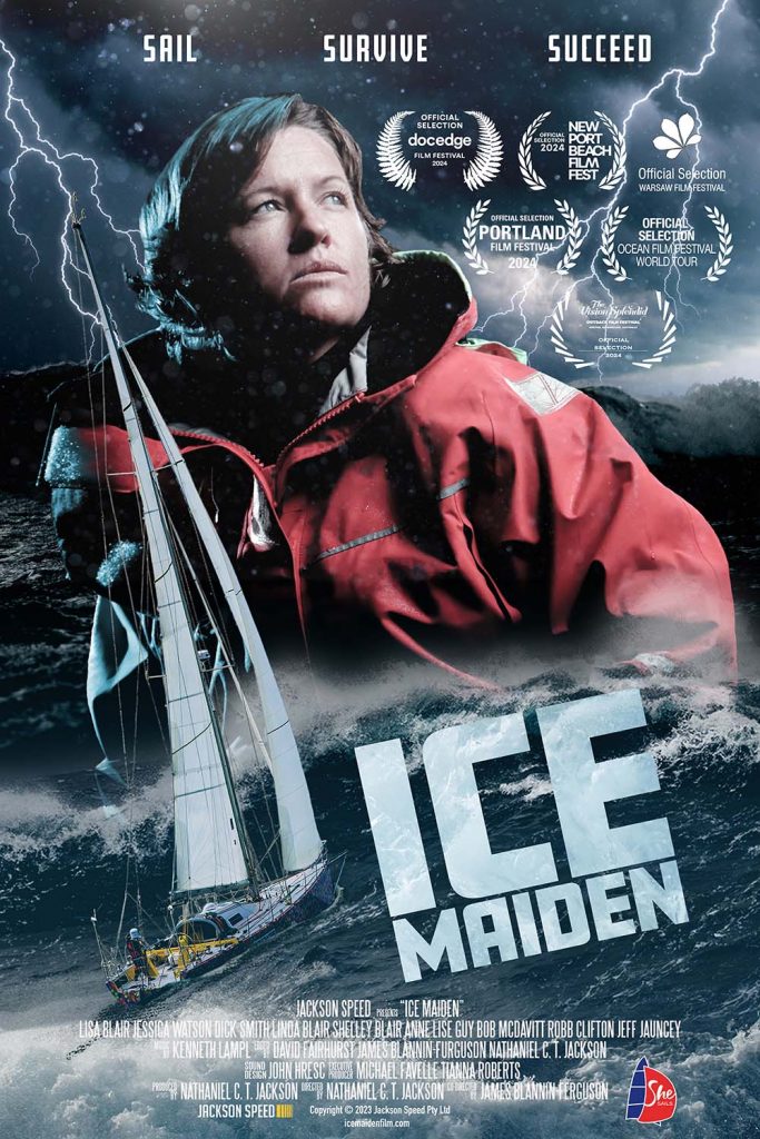 Ice Maiden Poster. Lisa Blair is in the centre. A storm is behind her. A small yacht sails huge waves